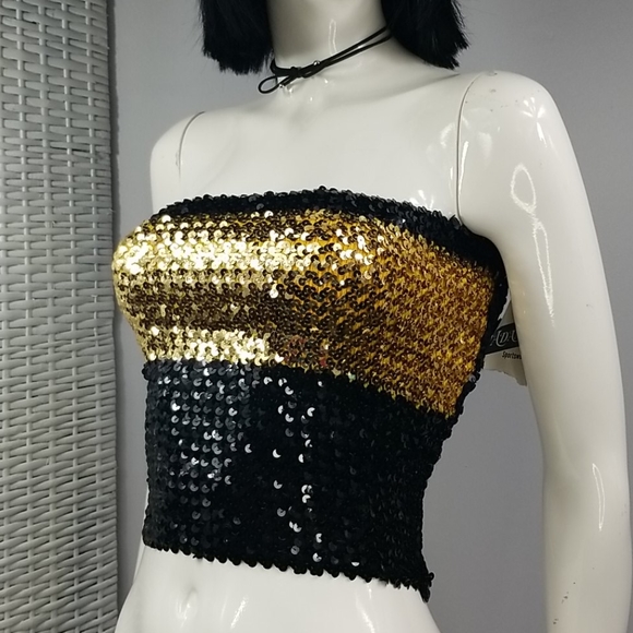 Adamo Vintage Sequin Black & Gold Tube Top Sm.